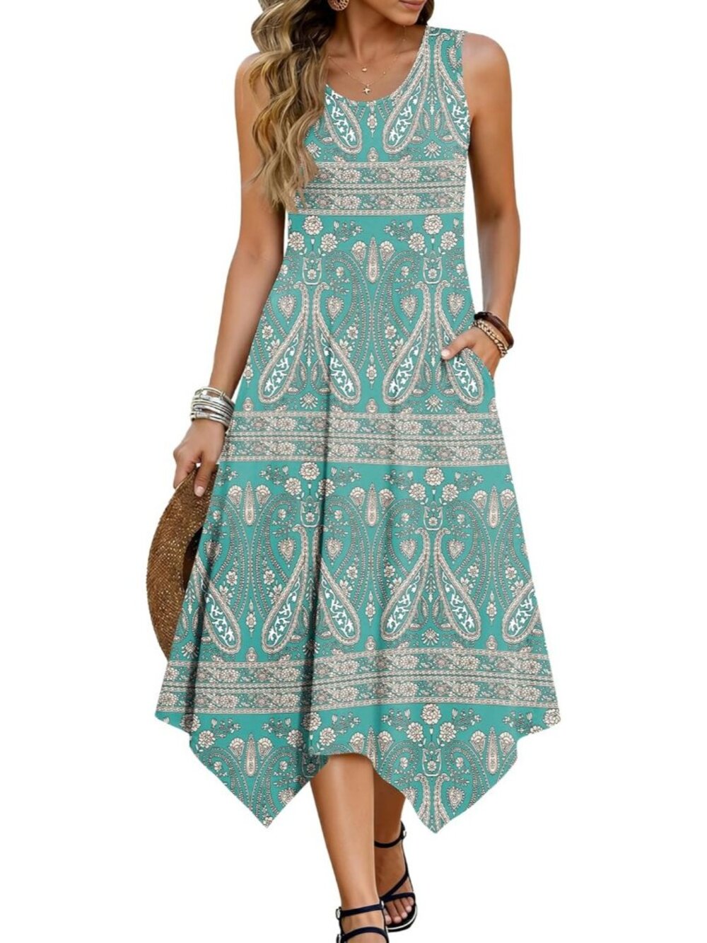 Hotouch Women's Floral Ethic Style Sleeveless Sundress Hanker chief Beach Dress